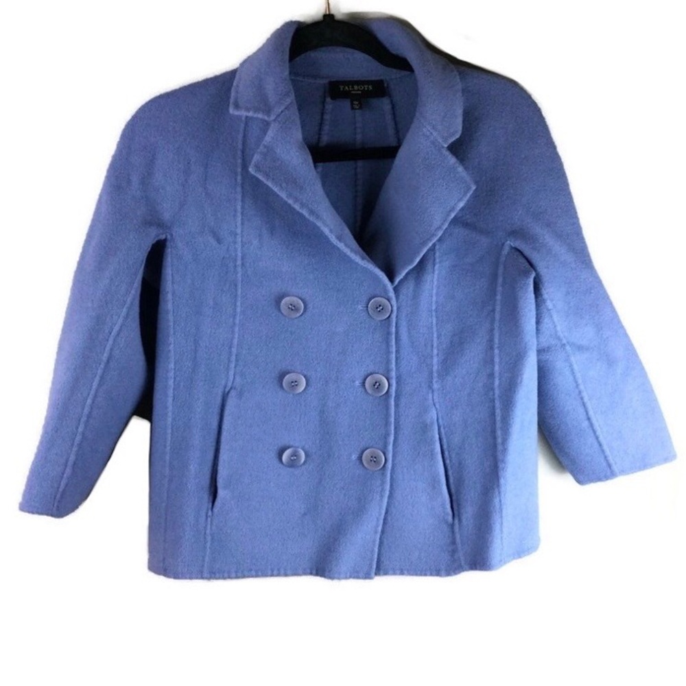 Talbots Wool Blend Double Breasted Notched Lapel 3/4 Sleeve Blue Pea Coat Sz 12P